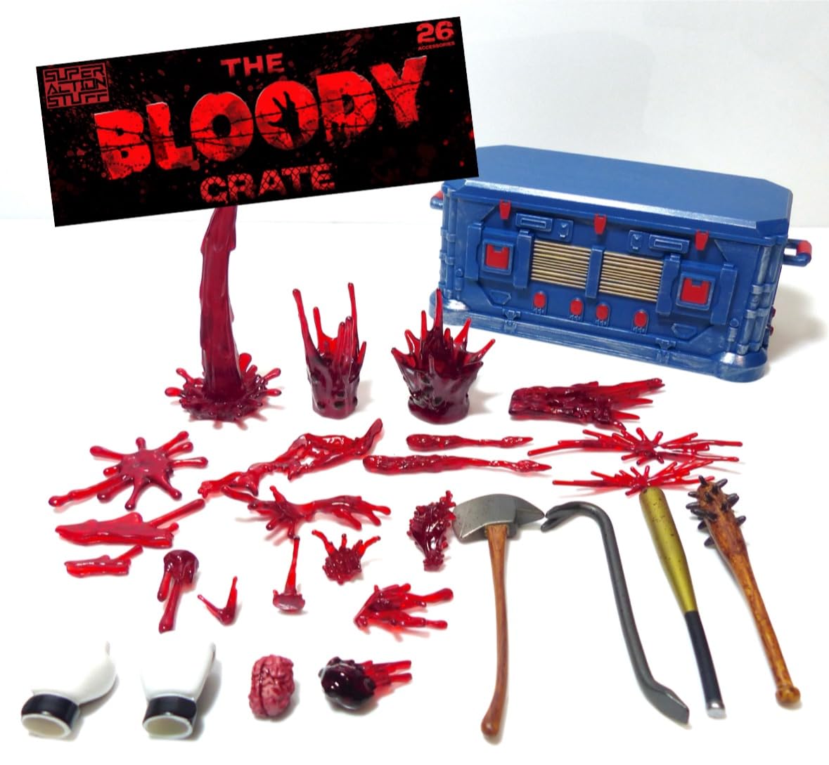Super Action Stuff Bloody Crate blue crate with removable lid for dynamic figure setups.