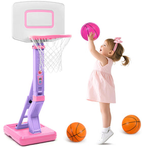 SUPER JOY pink toddler basketball hoop base stability supports safe play indoors or outdoors.