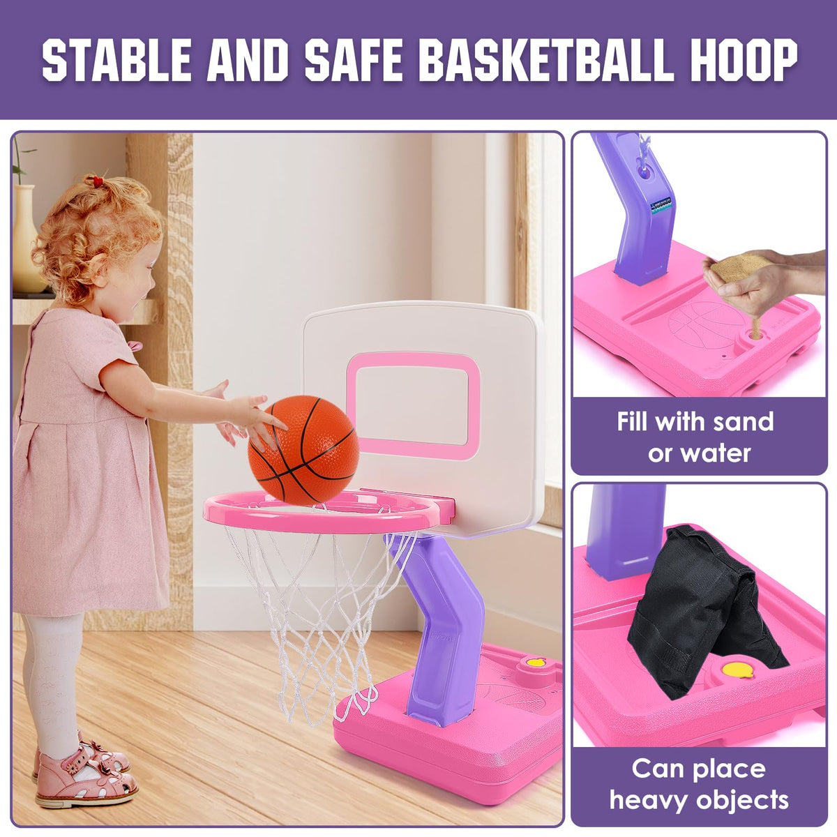 SUPER JOY pink toddler basketball hoop portable, ideal for indoor or outdoor fun.