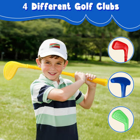 SUPER JOY Toddler Golf Set ball seat and mat for quick setup.
