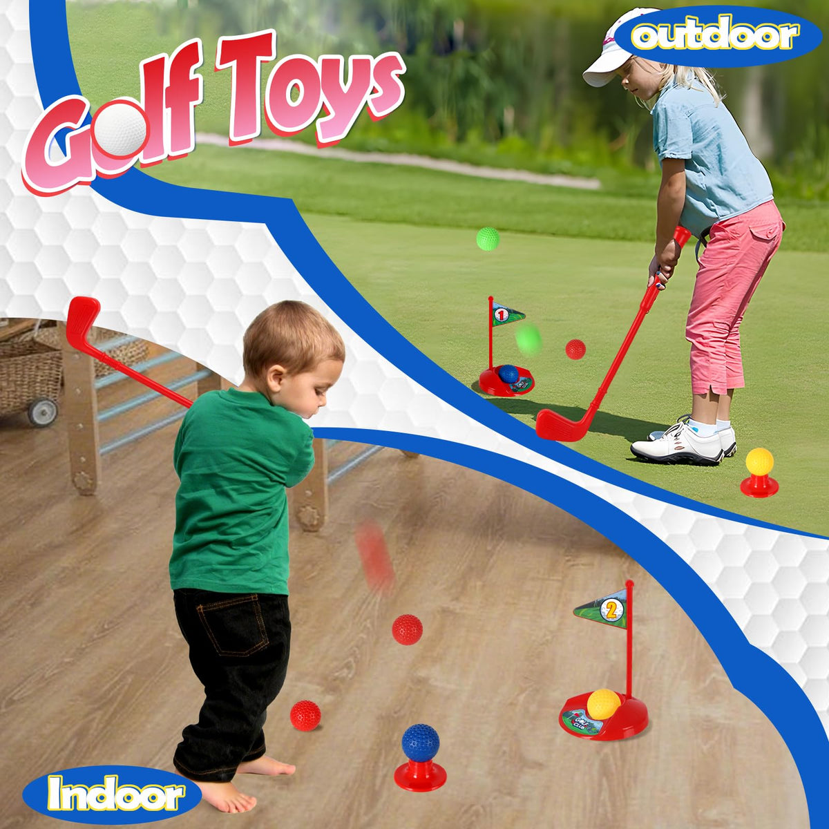 SUPER JOY Toddler Golf Set balls with bright colors for easy target practice.