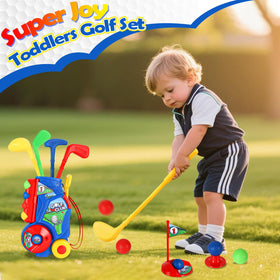 SUPER JOY Toddler Golf Set clubs for realistic play and motor skills.