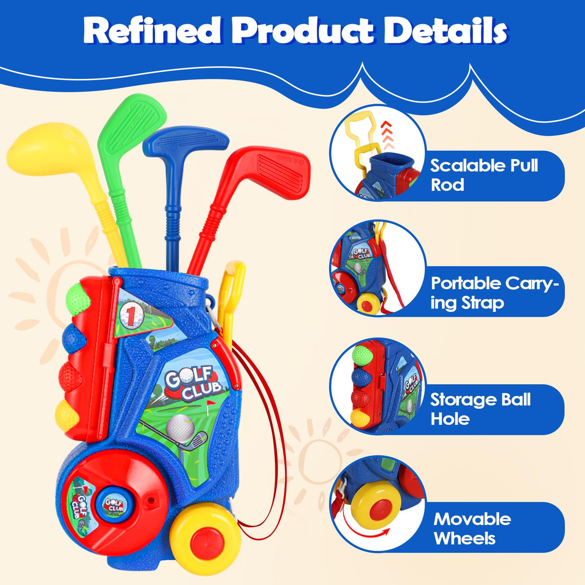 SUPER JOY Toddler Golf Set compact design ideal for trips and parks.