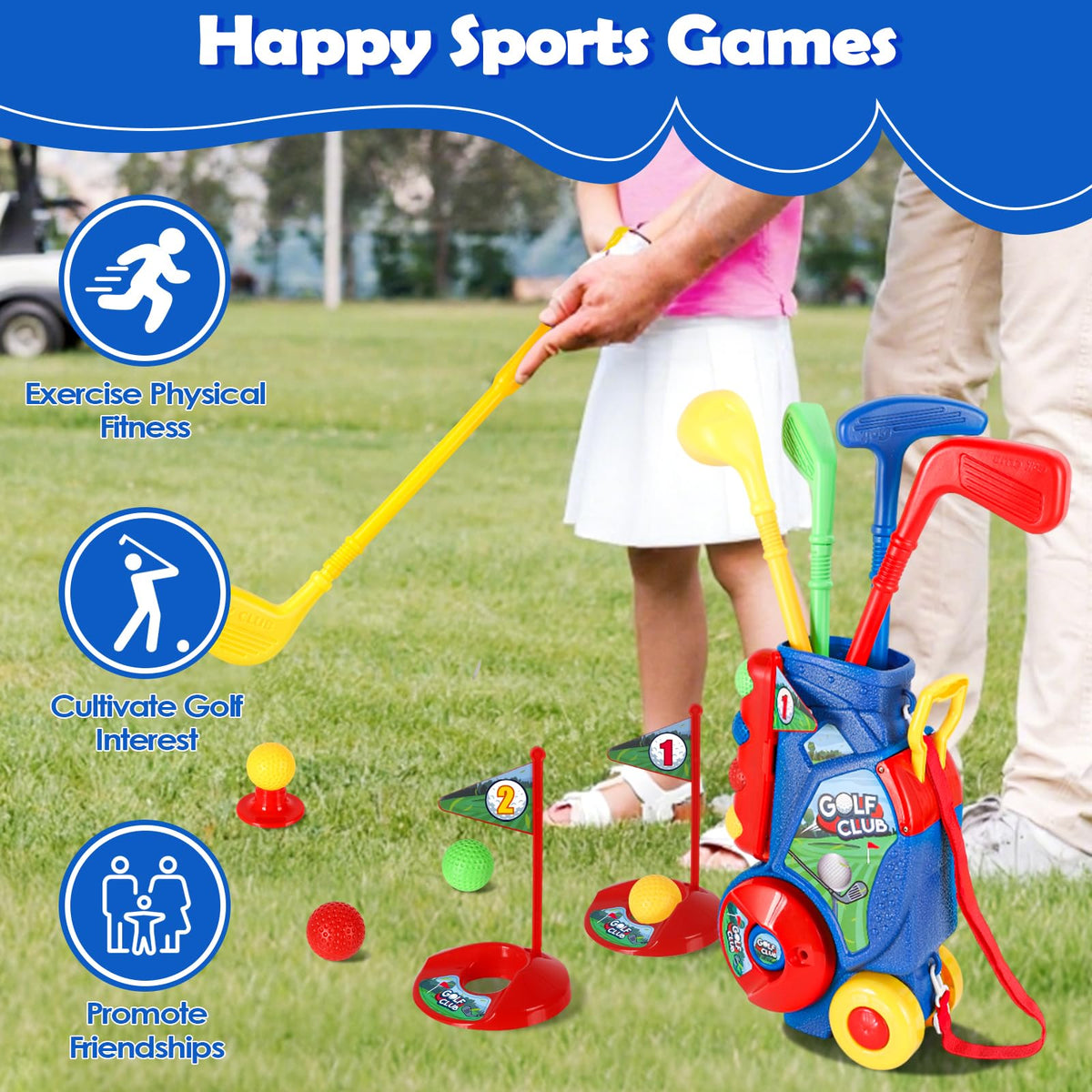 SUPER JOY Toddler Golf Set retractable cart handle for easy transport.
