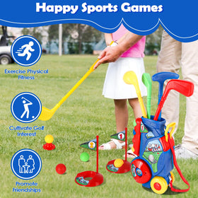 SUPER JOY Toddler Golf Set retractable cart handle for easy transport.