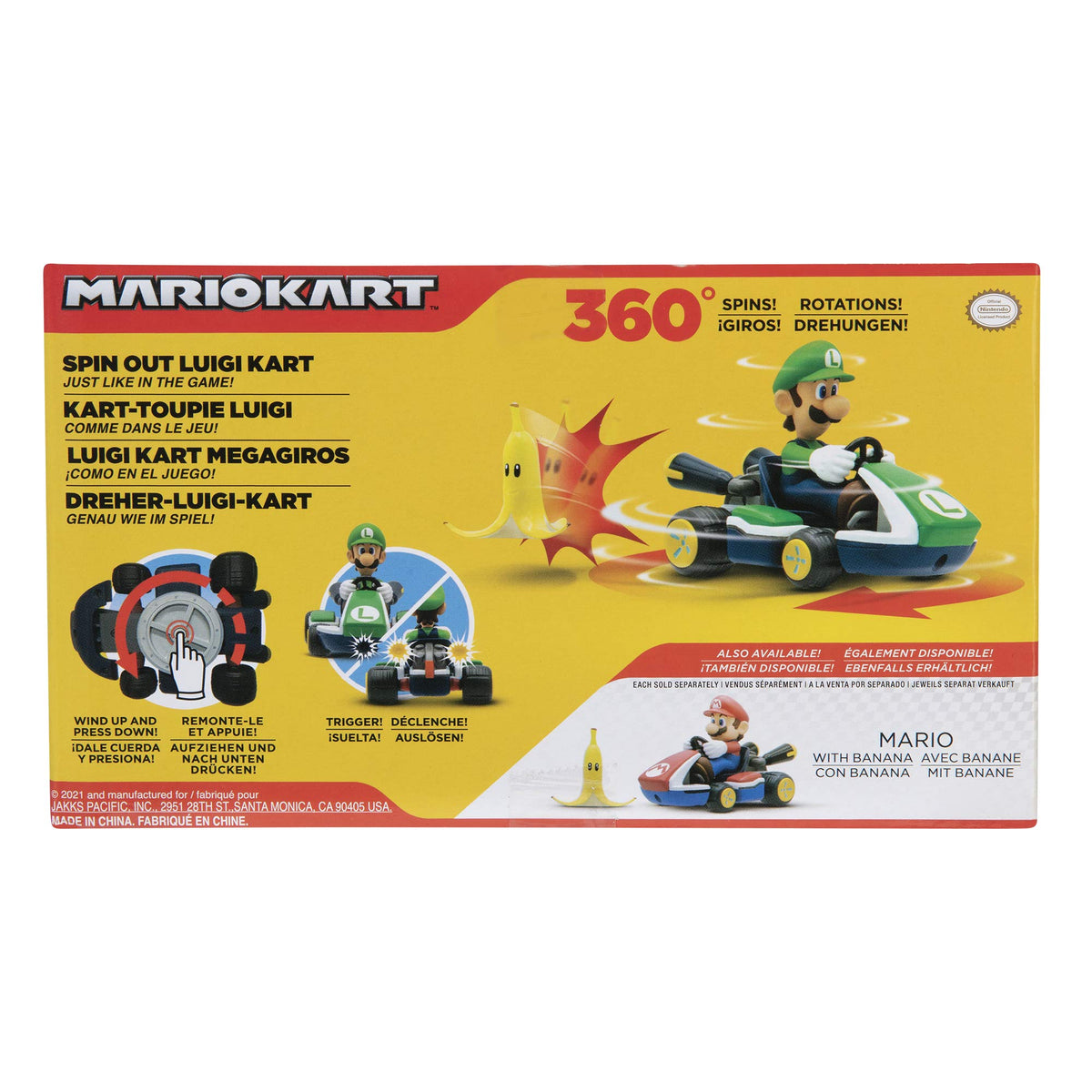 Super Mario Spin Out Luigi racer age-3plus marker highlights safe play.