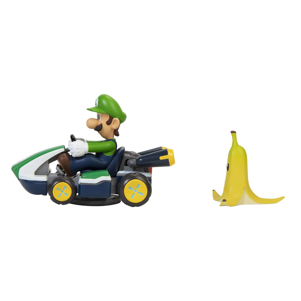 Super Mario Spin Out Luigi racer with banana peel accessory, for themed pretend races.