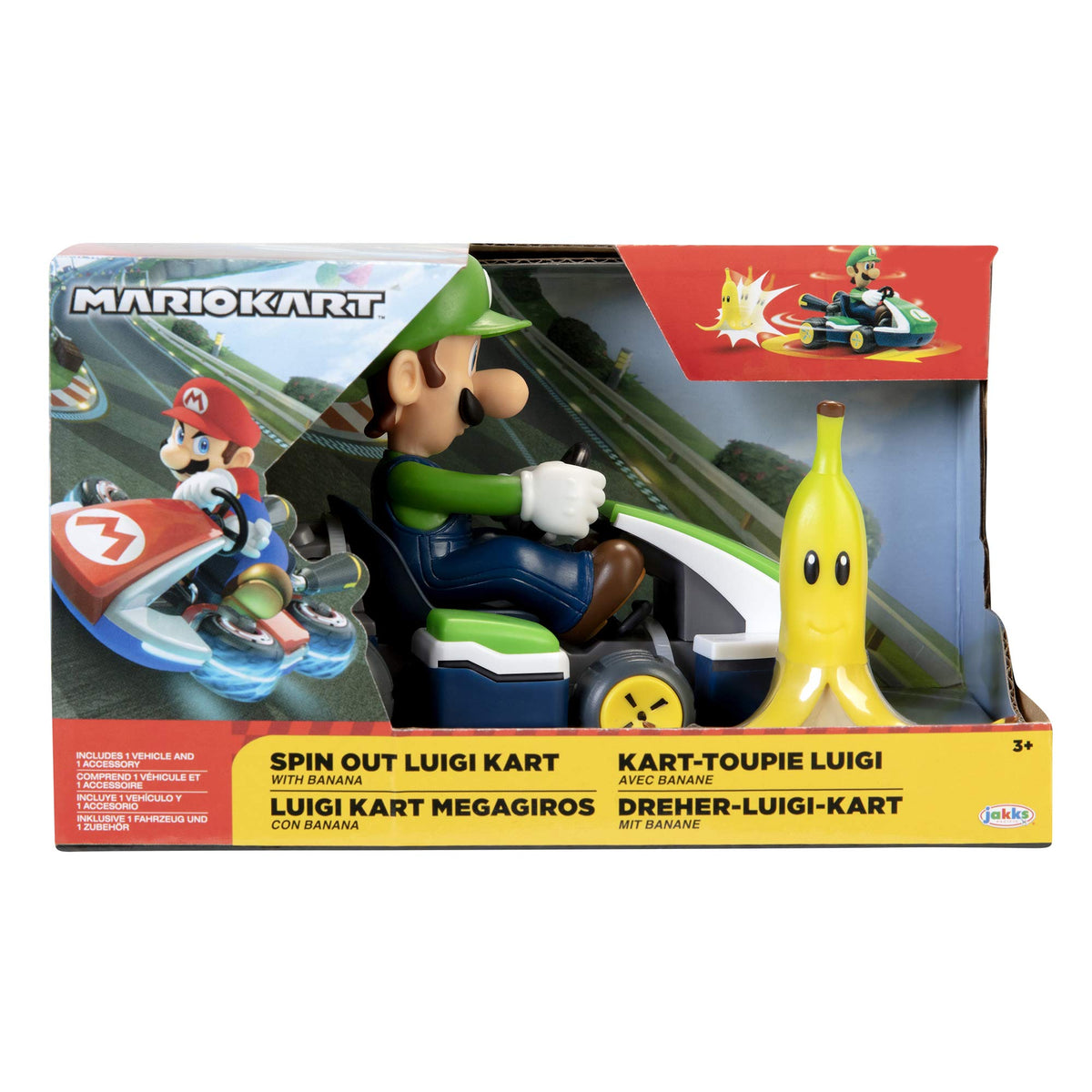 Super Mario Spin Out Luigi racer packaging shows compact design for display.