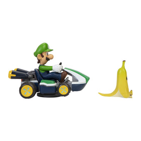 Super Mario Spin Out Luigi racer wind-up action, ready for quick bursts of motion.