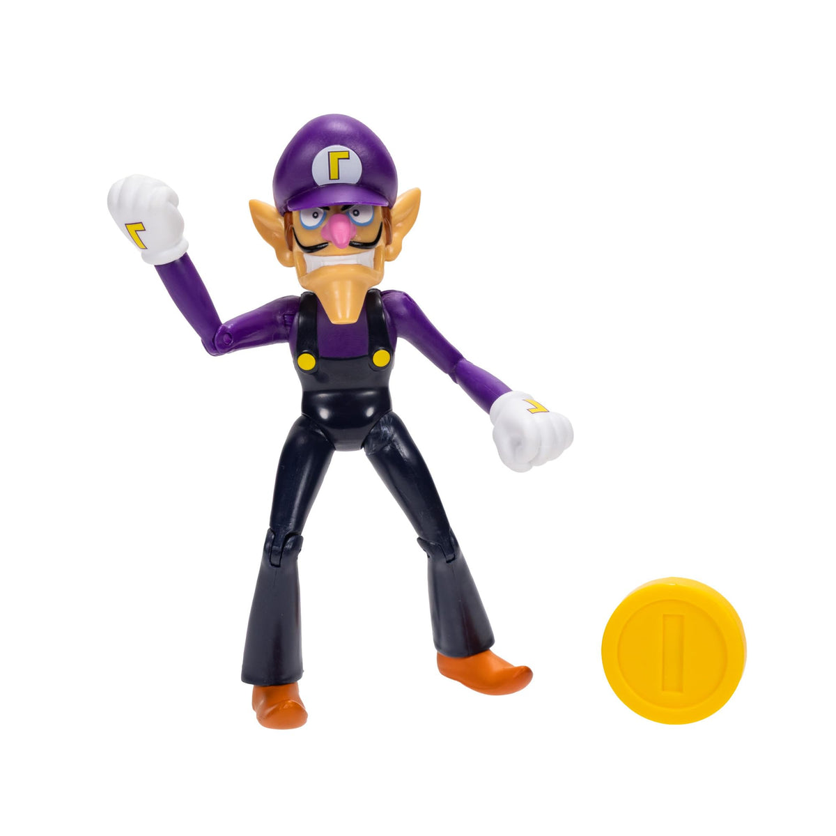 Super Mario Waluigi 4-inch figure with coin, ideal for display on shelves.