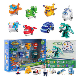 Super Wings 15-pack world airport set showcases durable, kid-friendly transforming play for birthday gifts.