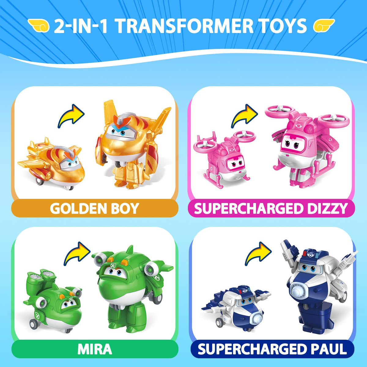 Super Wings Dizzy transform-a-bot figure designed for rescue play.