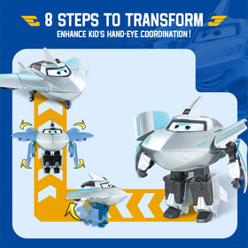Super Wings airplane-to-robot figure enhances dexterity during transforming playtime