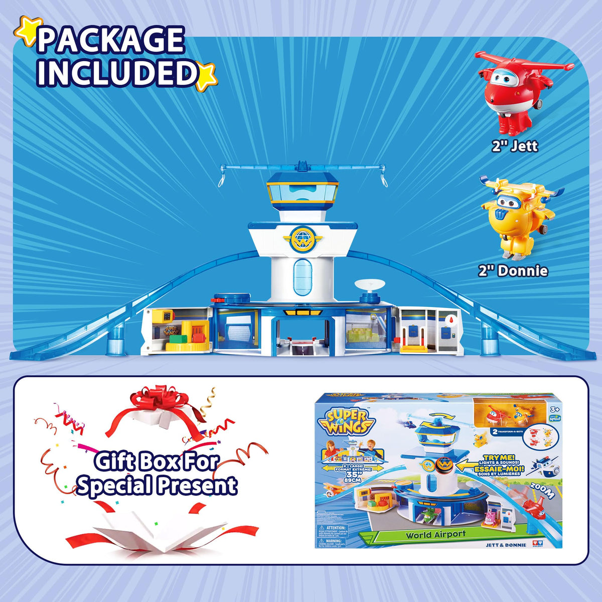 Super Wings control tower with lights and sounds enhances play realism.