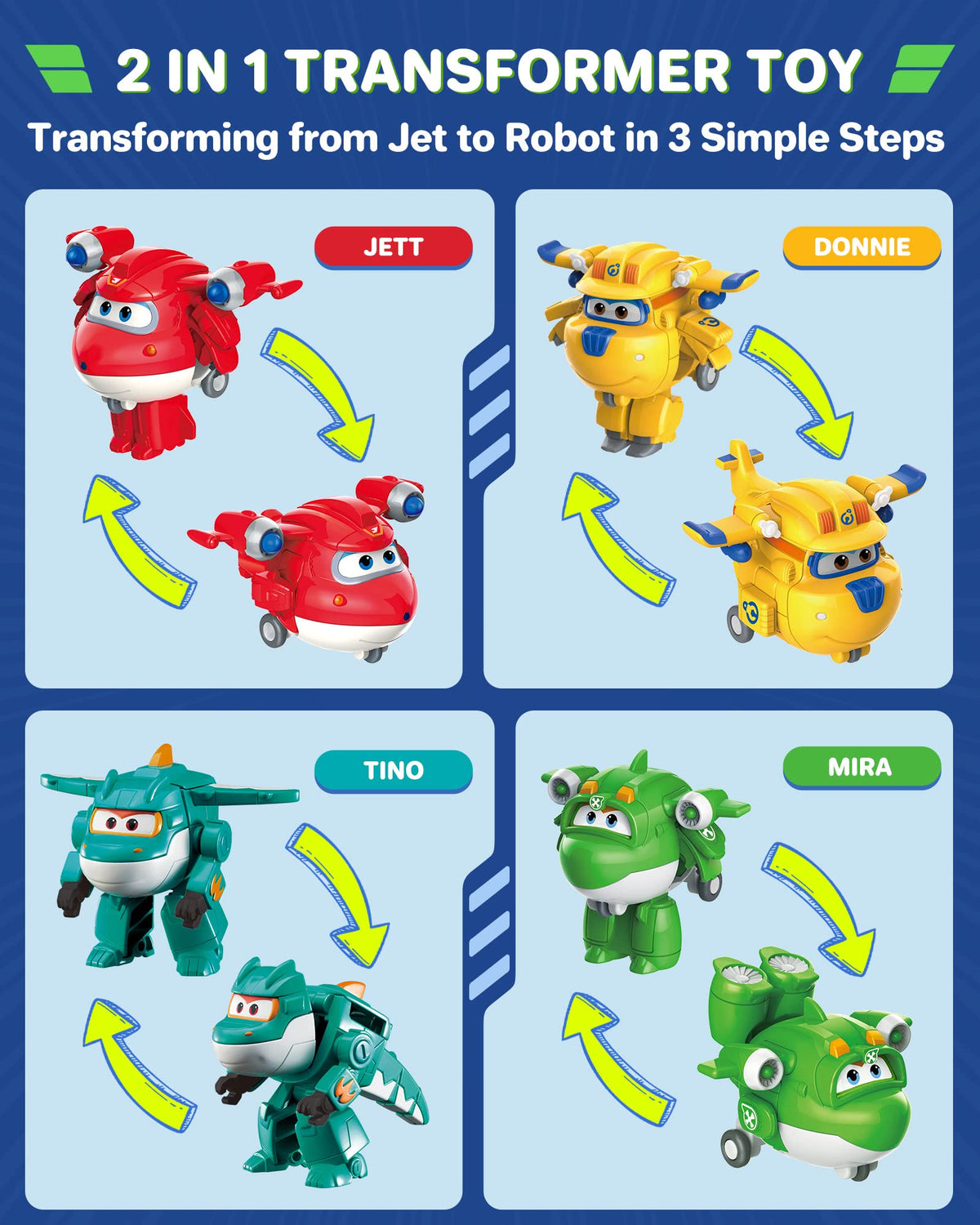 Super Wings Donnie action figure focuses on interactive play and cooperative pretend missions.