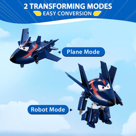 Super Wings helicopter form toy enhances fine motor skills through twisting and snapping transformations.