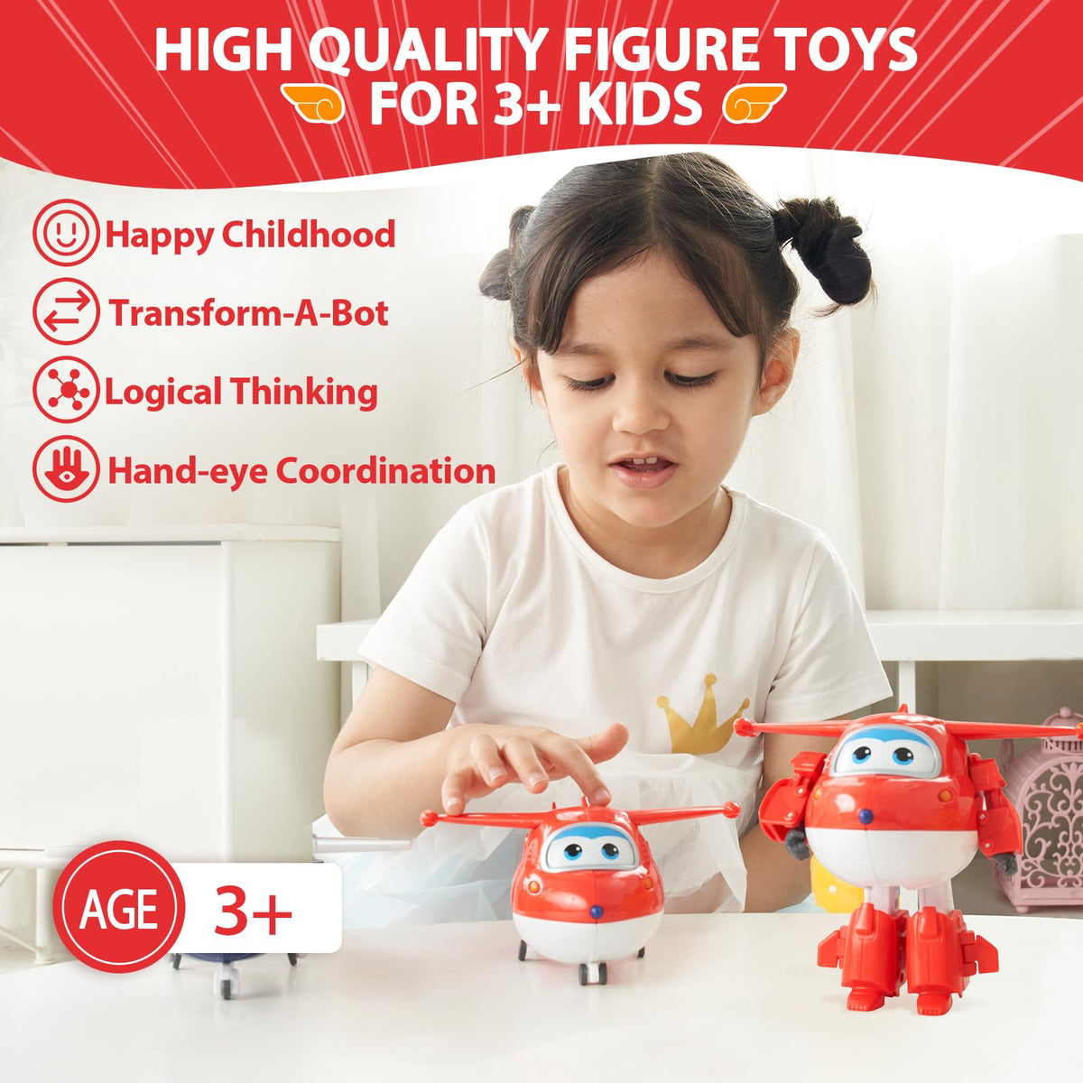 Imaginative play with Super Wings jet and robot forms encourages storytelling