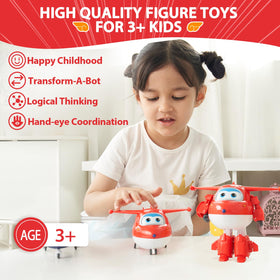 Imaginative play with Super Wings jet and robot forms encourages storytelling