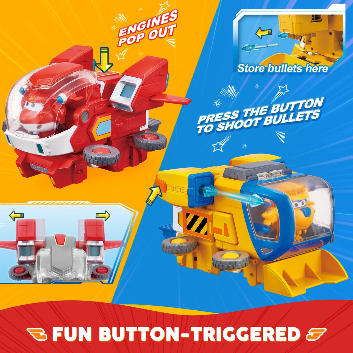Super Wings Jett's Mecha robot to vehicle transformation showcases quick change