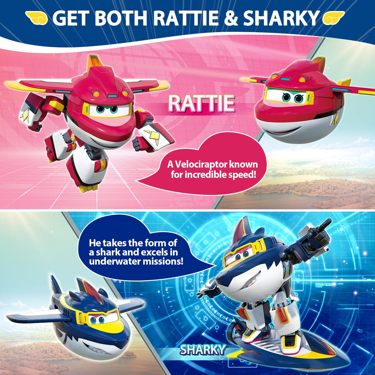 Super Wings Sharky robot transform ready for two-in-one adventures.