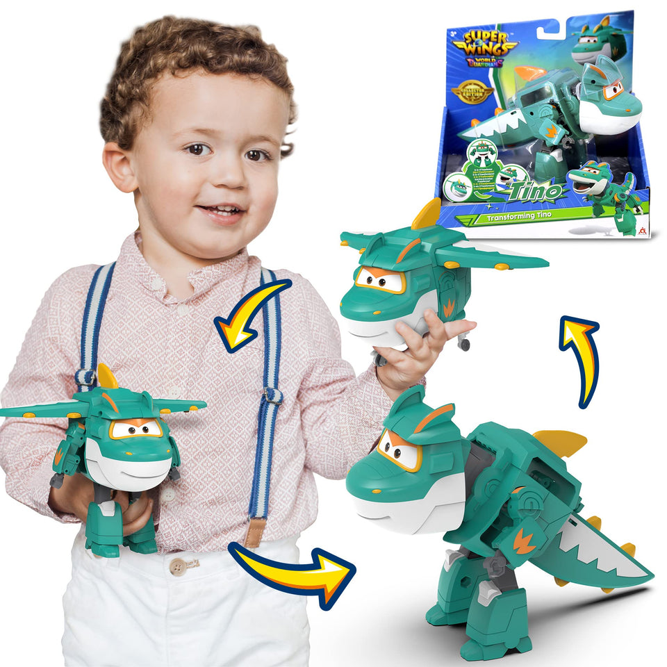 Super Wings Tino transforming plane image—encourages imaginative play and storytelling during adventures.