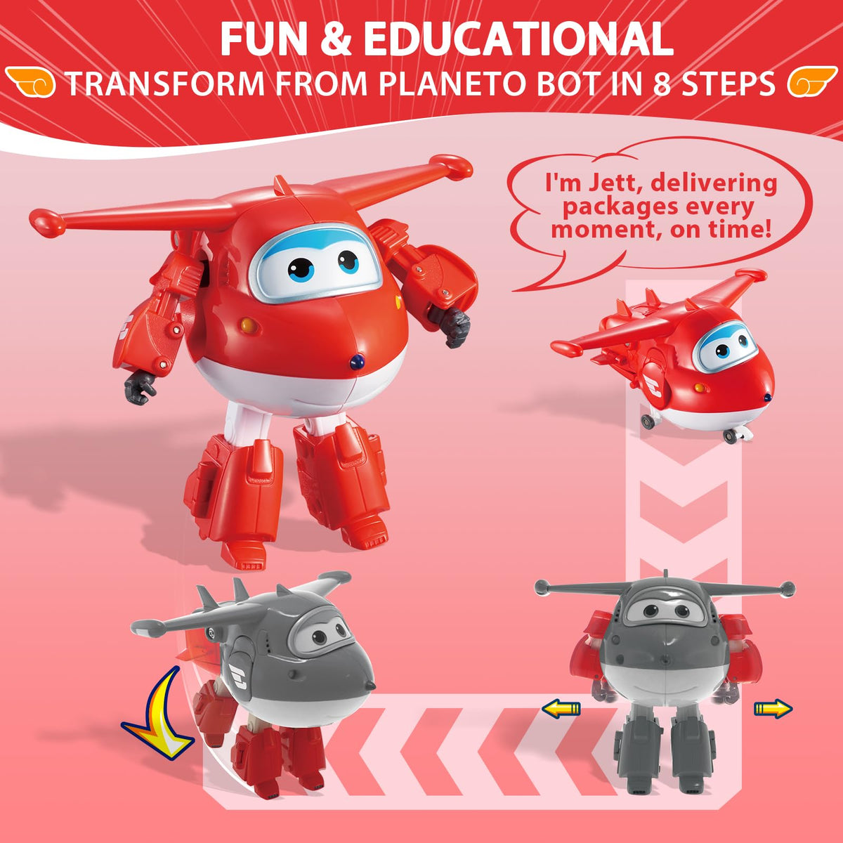 Jet to robot transition of a Super Wings figure for dynamic storytelling play