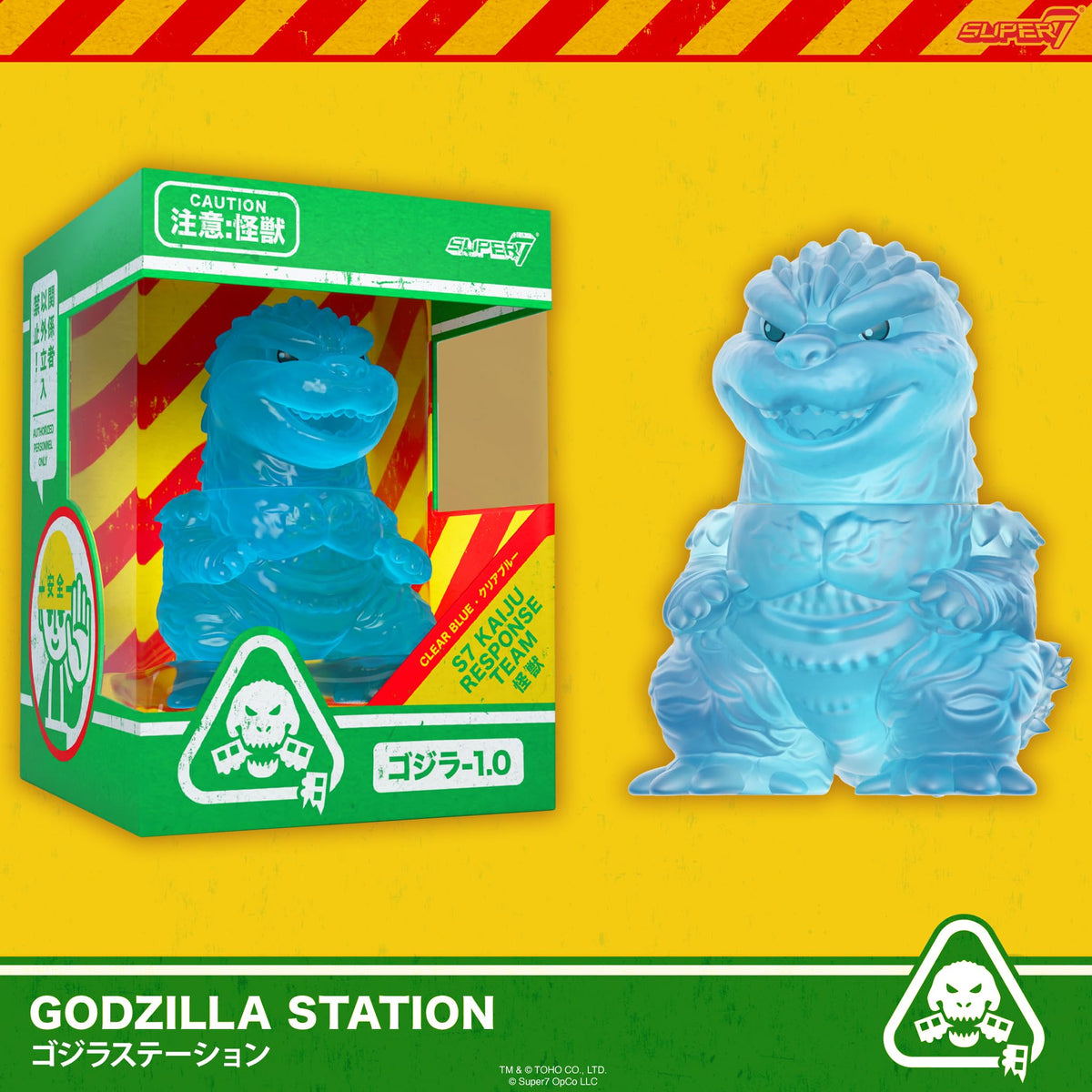 Retro vibe of Super7 Godzilla Minus One clear blue figure in collection.