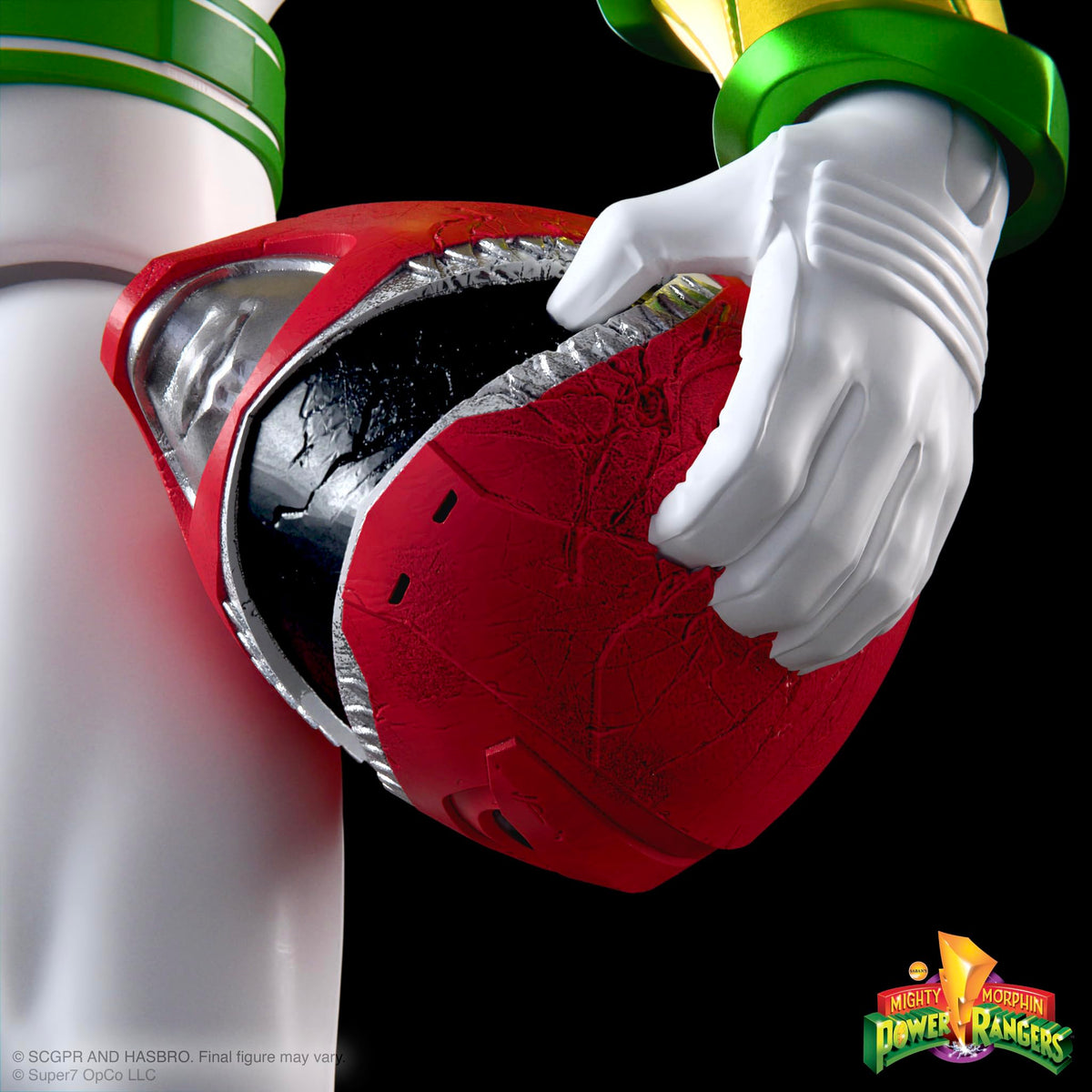 Damaged Red Ranger helmet accessory for iconic display moments.