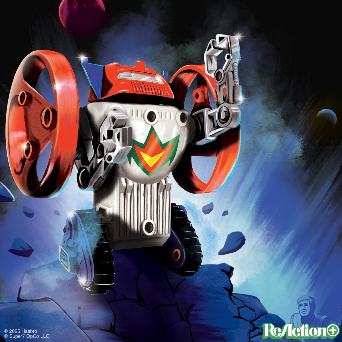 Super7 Micronauts Microtron drill and flywheels featured for dynamic posing