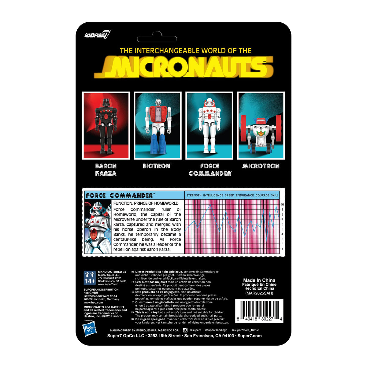 Super7 Micronauts Force Commander card-back art evokes vintage nostalgia.