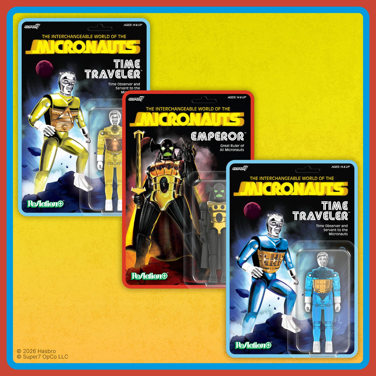 Super7 Time Traveler card-back art on blister packaging for collectors.