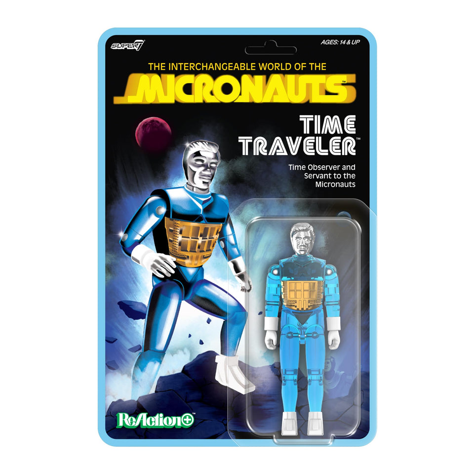 Super7 Time Traveler front view in translucent blue, ideal for Micronauts displays.