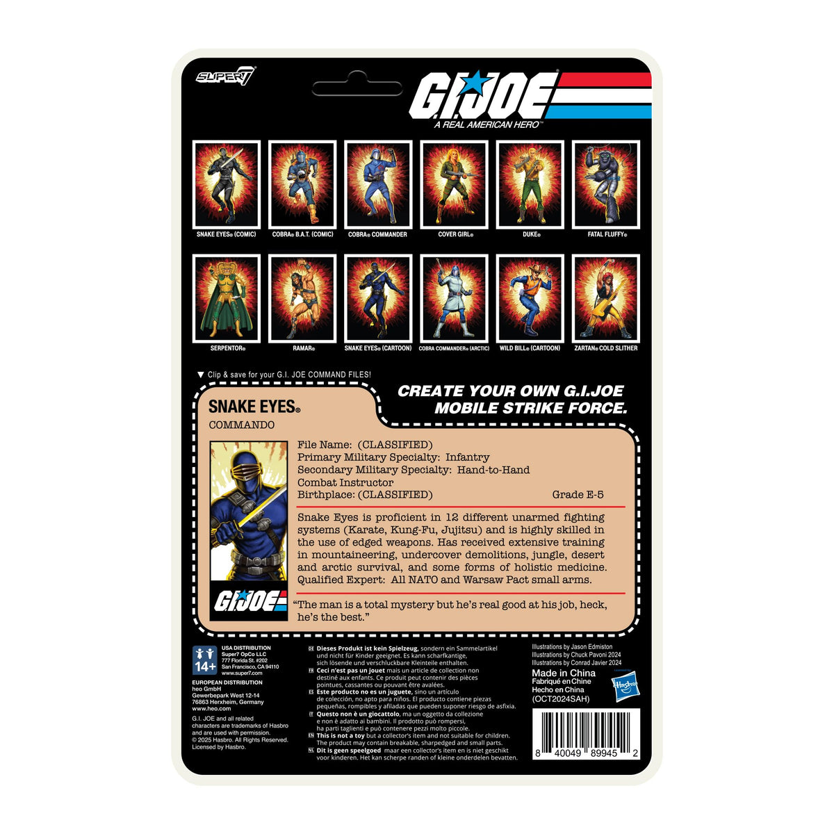 Super7 Snake Eyes cartoon figure twelve-points articulation enables dynamic posing.
