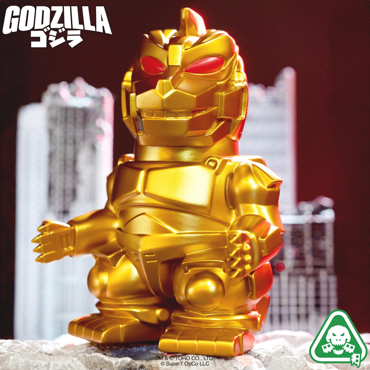 Super7 Toho Mechagodzilla Gold side view shows detailed profile for dynamic shelving.