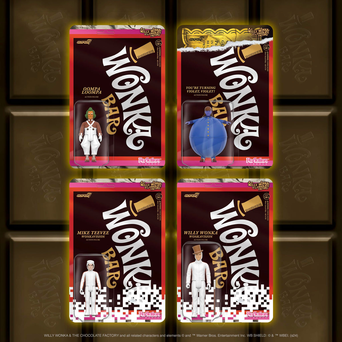Super7 Willy Wonka Oompa Loompa on a retro display stand