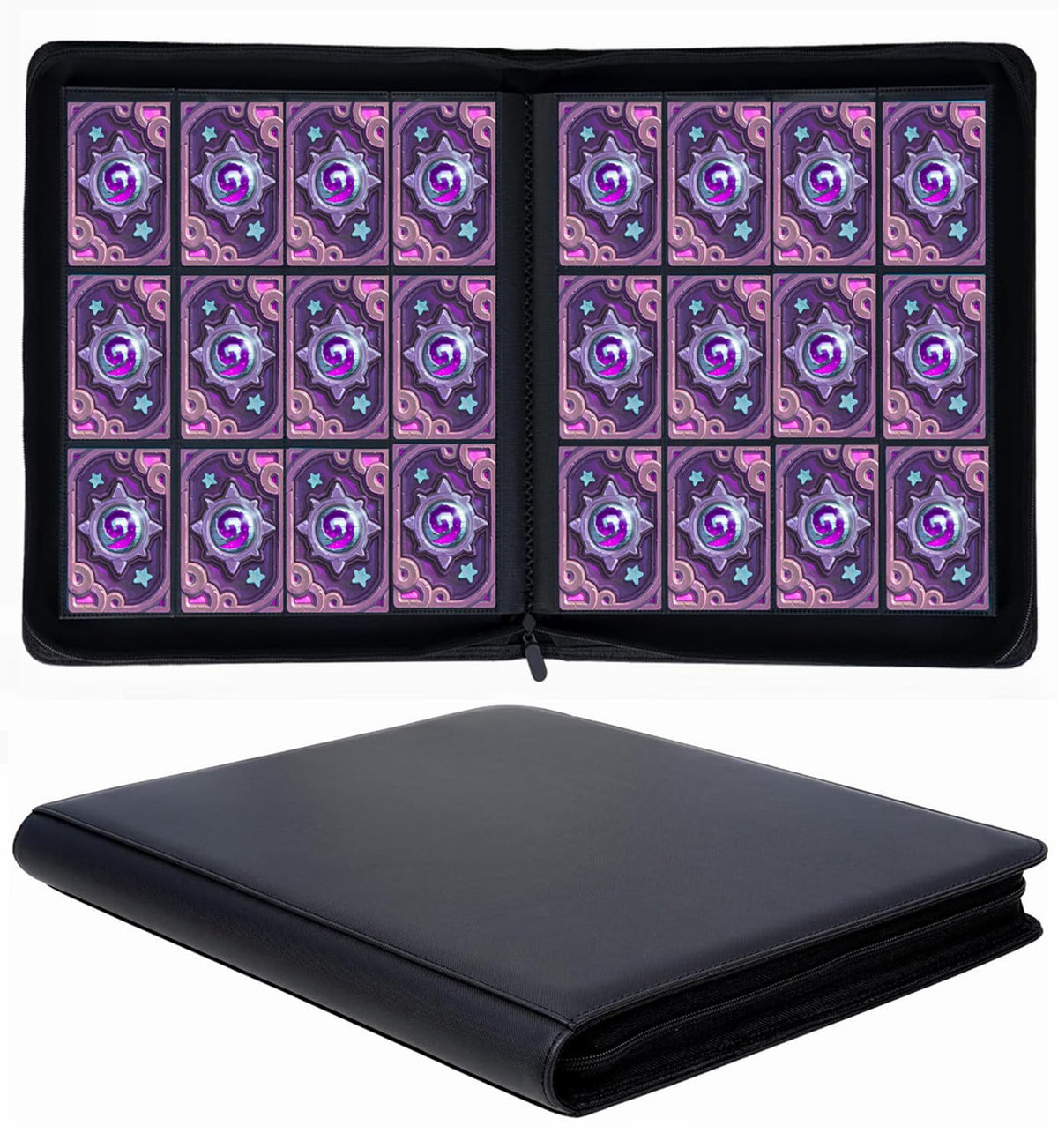 SuperAimi 12-pocket card album front cover showing sleek black design and clear pockets.