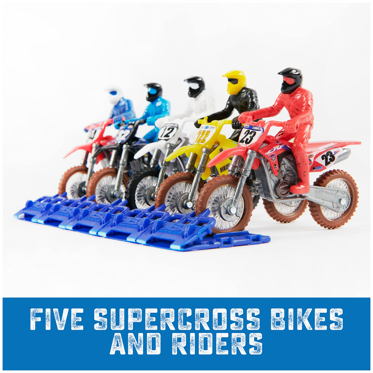 Supercross rider figures attached to bikes enhance pretend race action.