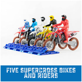 Supercross rider figures attached to bikes enhance pretend race action.