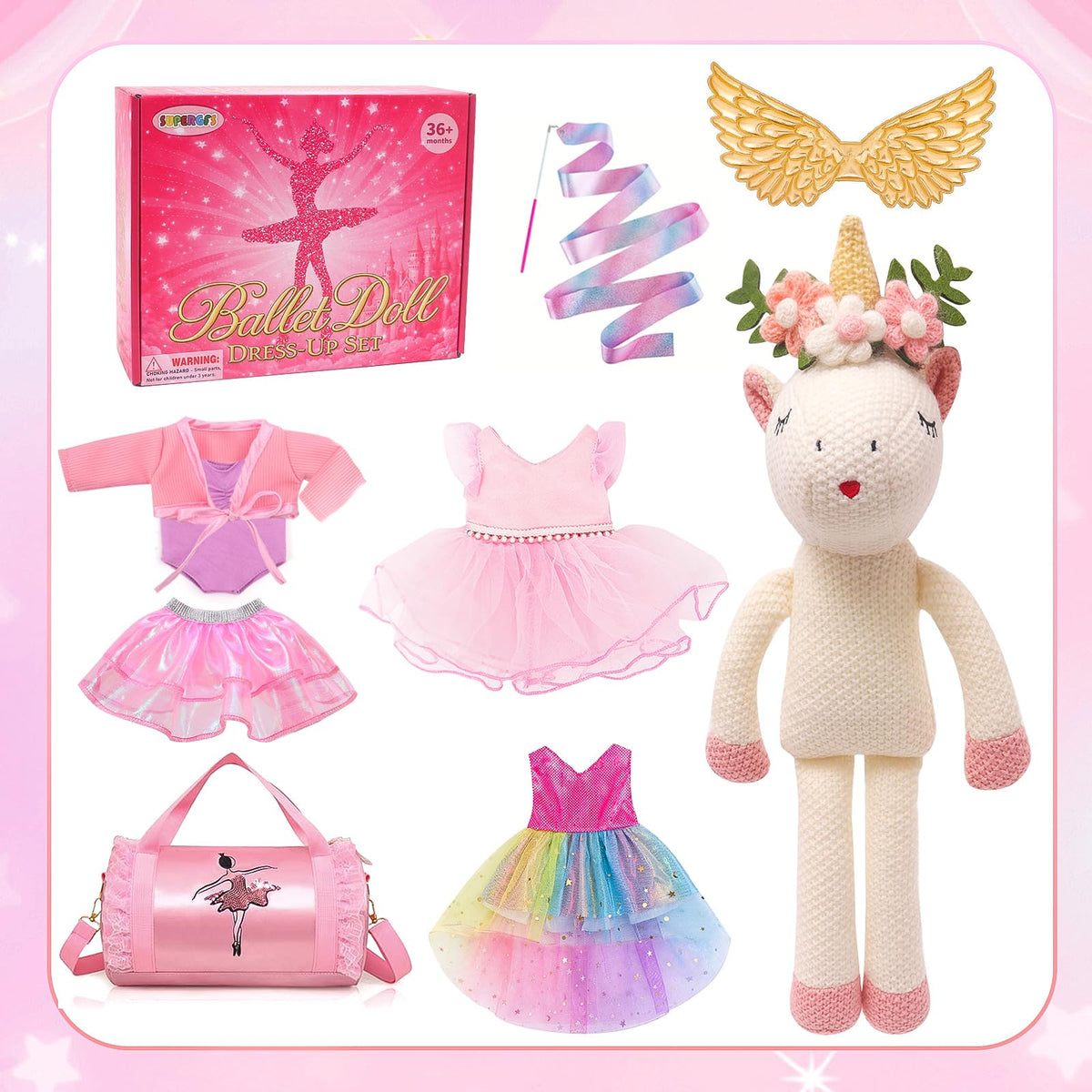 SUPERGFS Unicorn Ballerina Doll pink ballet outfit supports pretend play sessions.