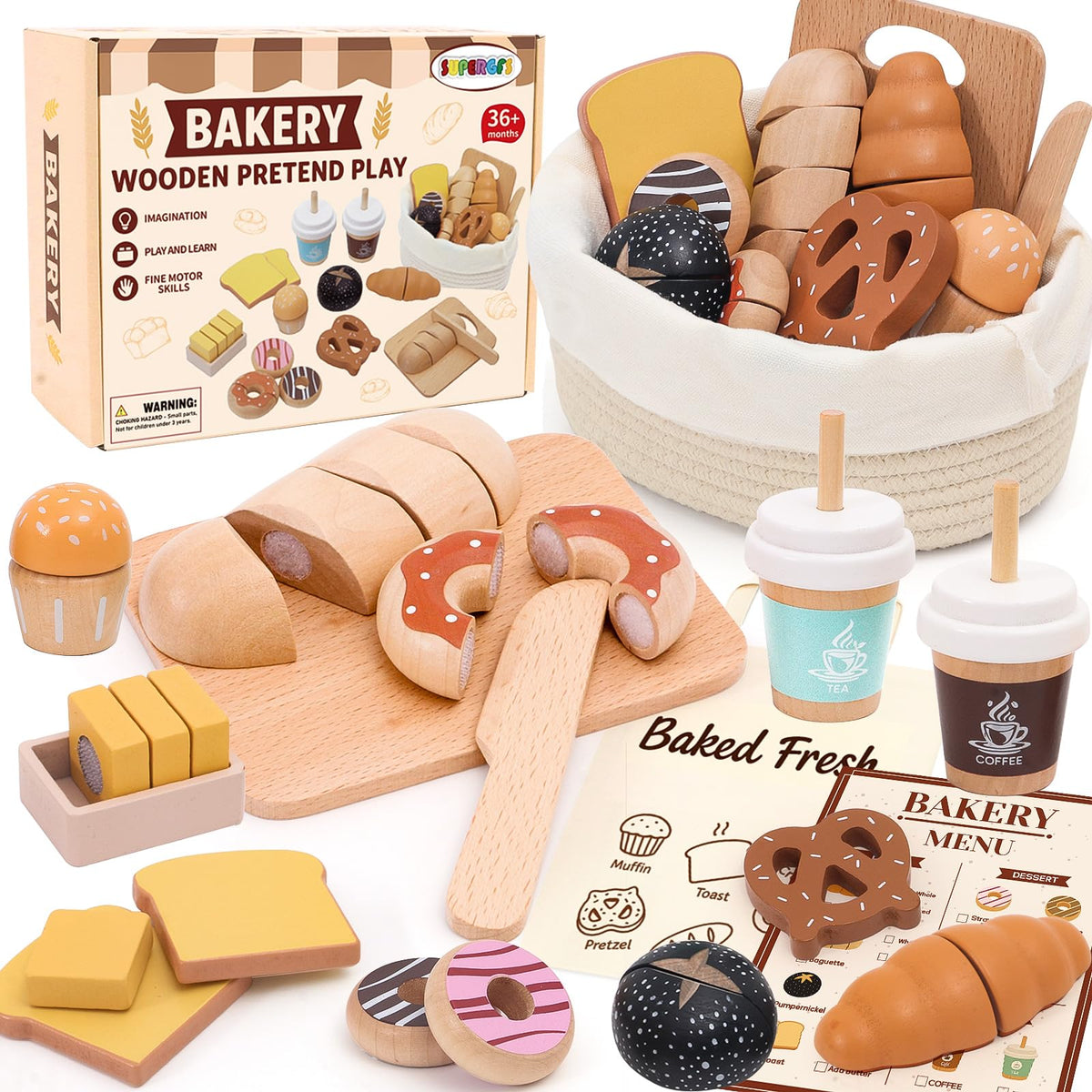 SUPERGFS wooden baguettes for imaginative bakery play and pretend kitchen adventures.
