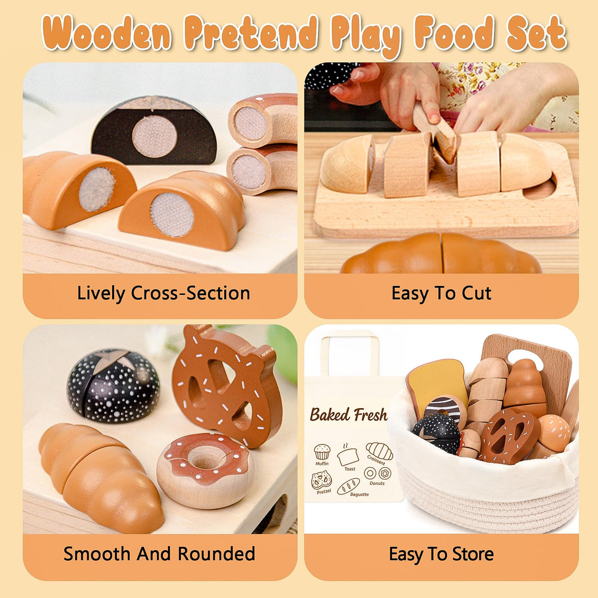 SUPERGFS wooden knife adds safe cutting play in a classroom-friendly kitchen setup.