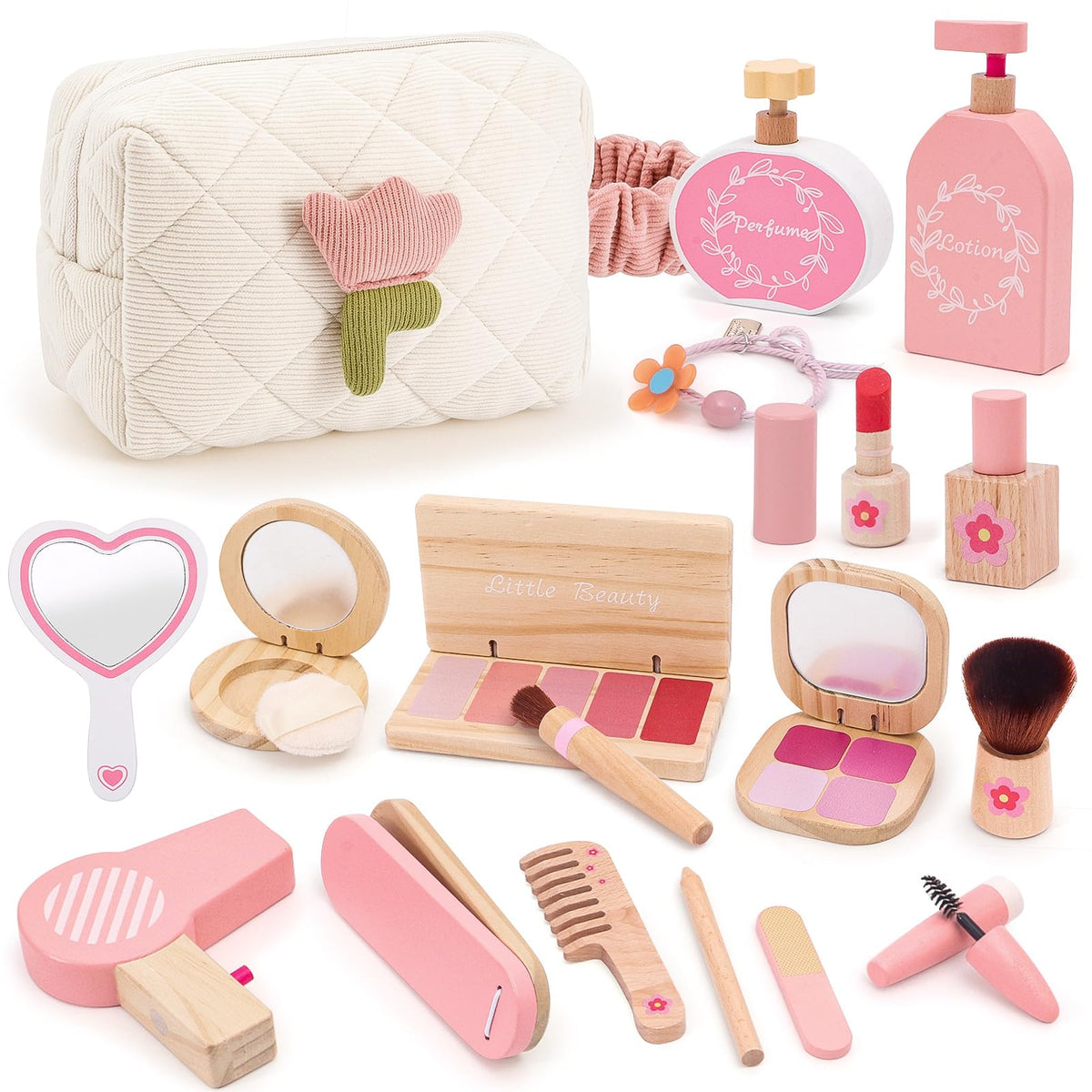 SUPERGFS wooden makeup bag for on-the-go pretend play.
