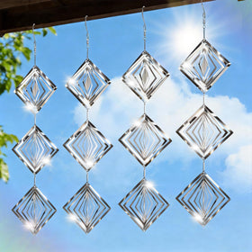 Superlong 12-disc stainless steel wind spinner gleams in sunlight to deter birds.
