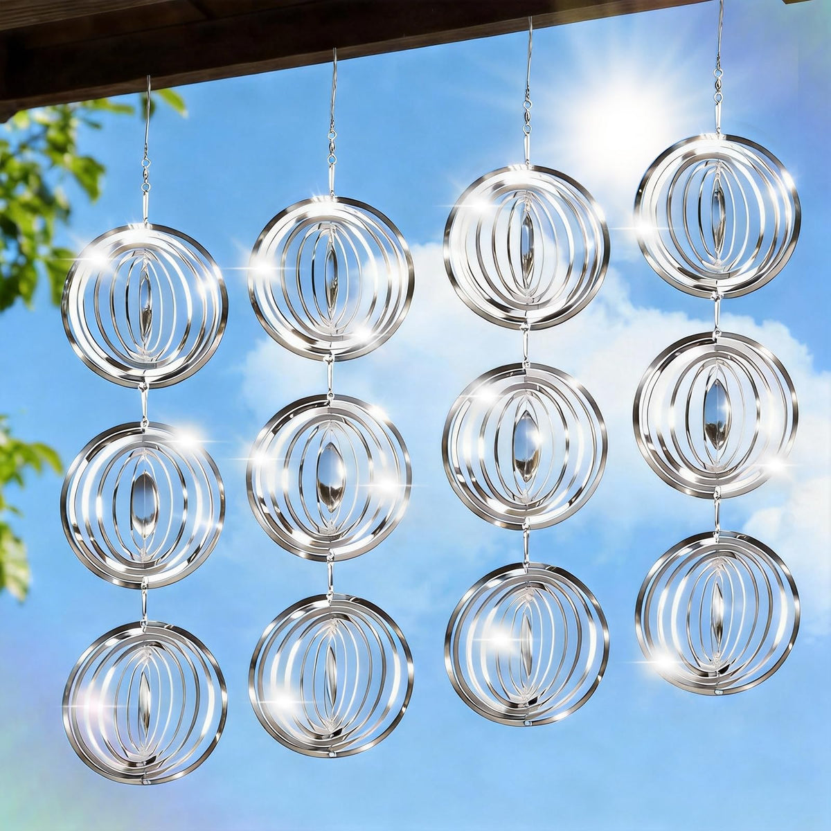 Superlong 3D wind spinner disc reflects sunlight to deter birds from patio.