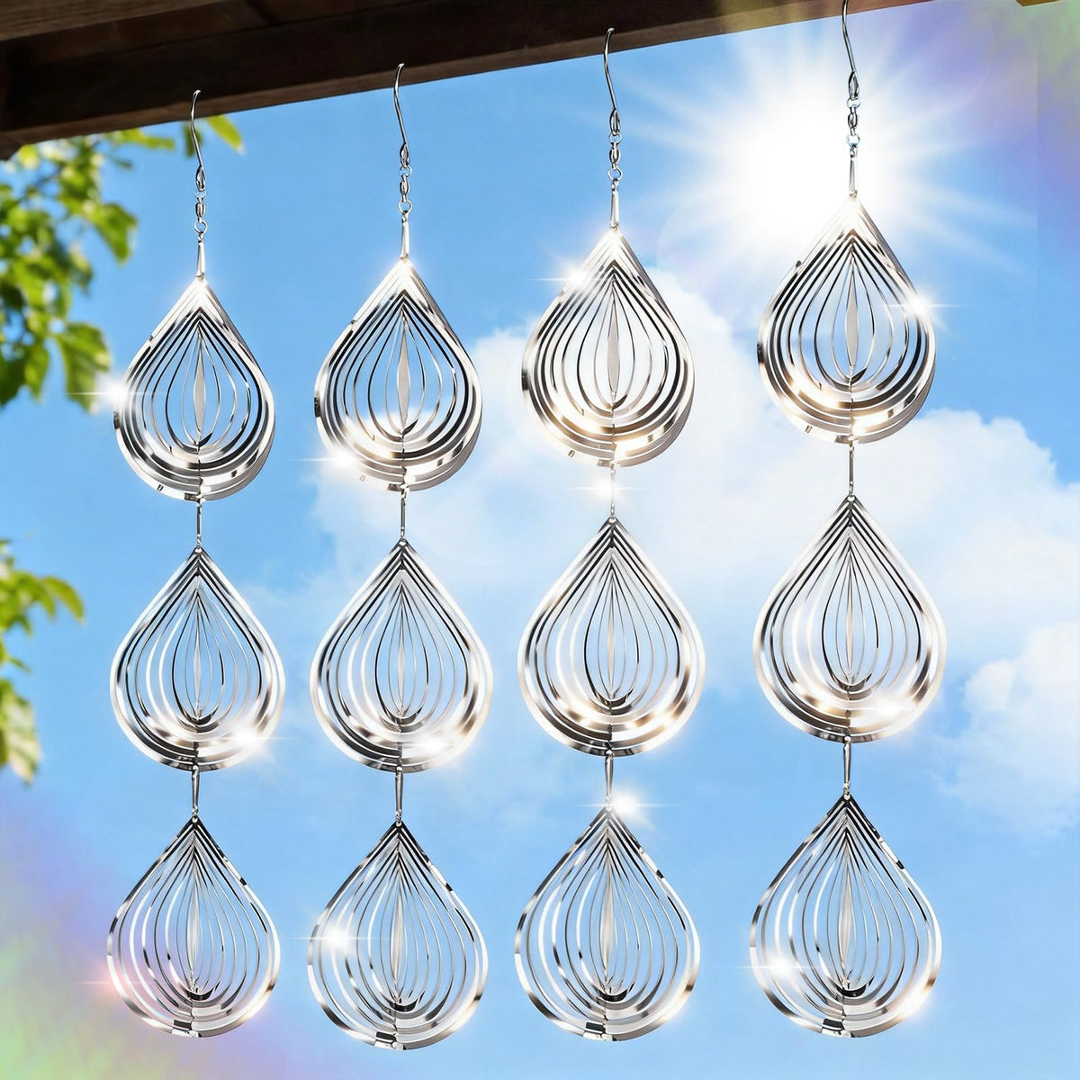 Superlong 3D wind spinner outdoor disc in sunlight deters birds