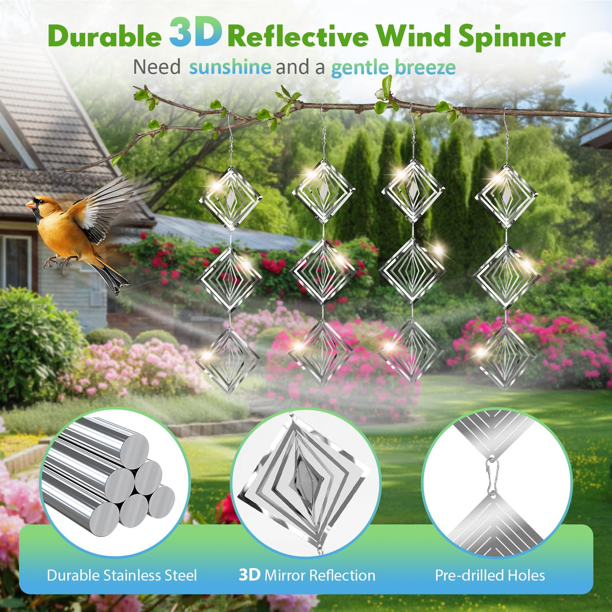 Superlong 3D wind spinners spin with the breeze for dynamic bird deterrence.