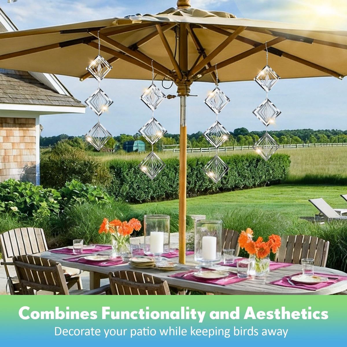 Superlong sun reflections provide humane bird deterrence with easy hanging setup.
