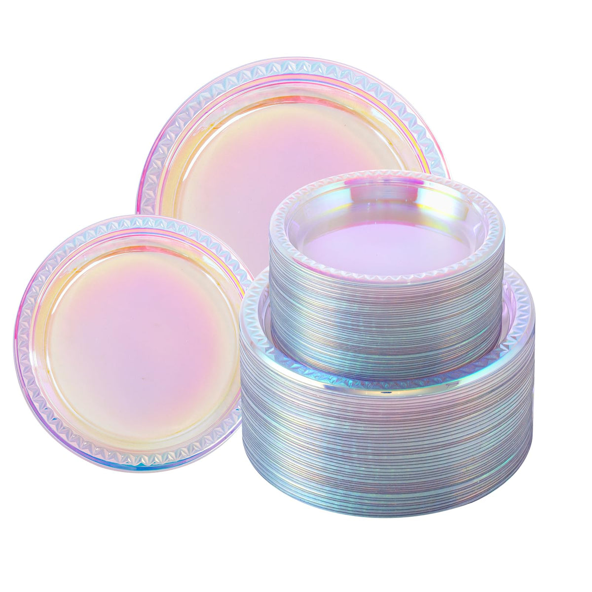 Supernal iridescent 9in dinner plate with holographic rainbow finish for festive tables.