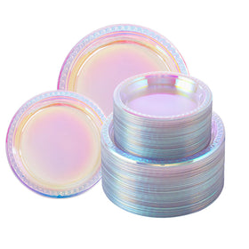 Supernal iridescent 9in dinner plate with holographic rainbow finish for festive tables.