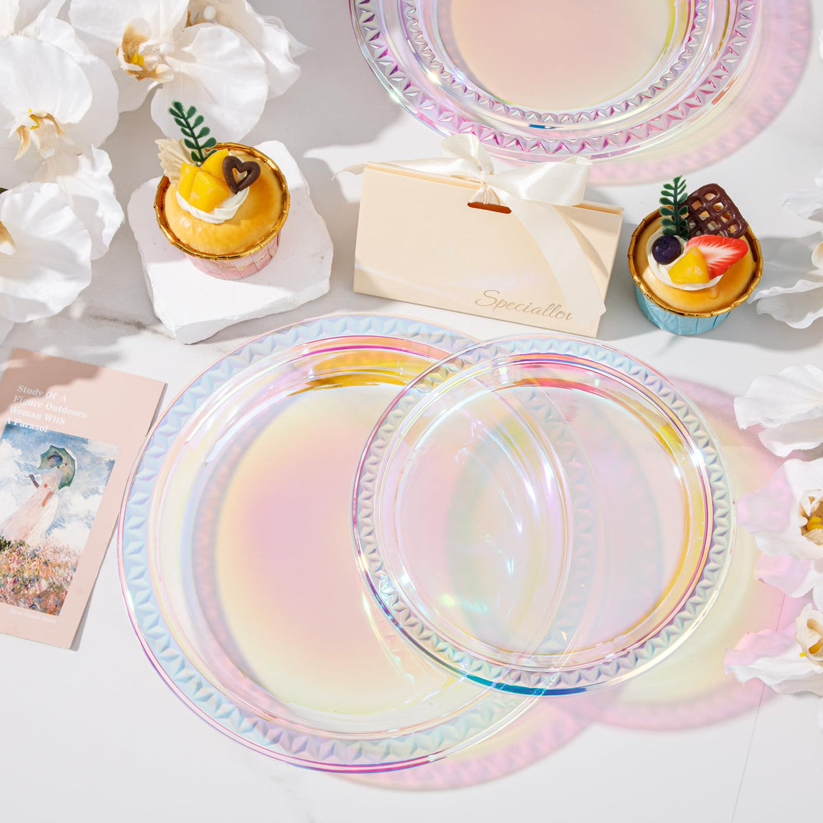 Close-up of holographic shine on Supernal plates for vibrant tables.